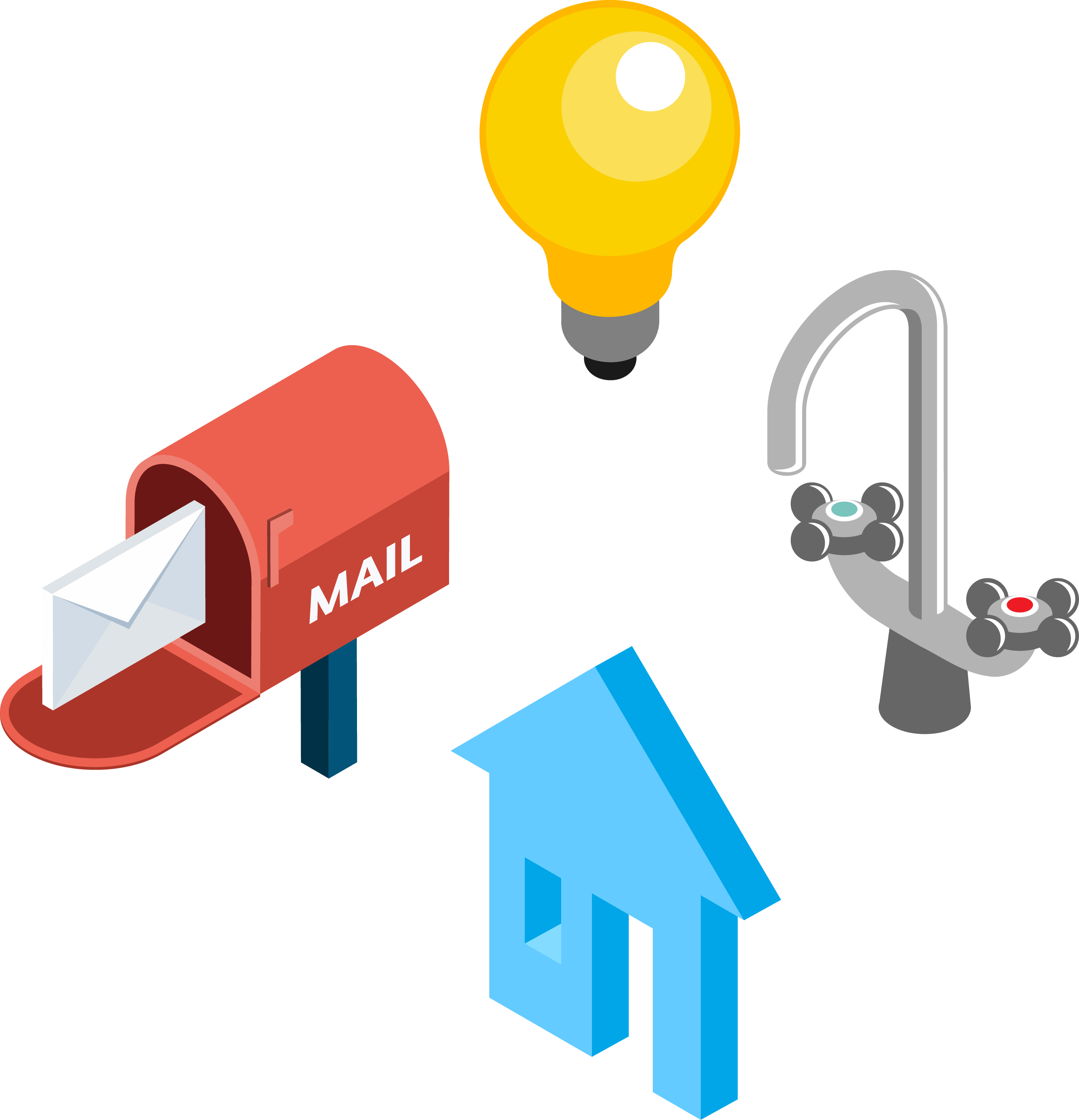 Lightbulb, mailbox, house and faucet icons