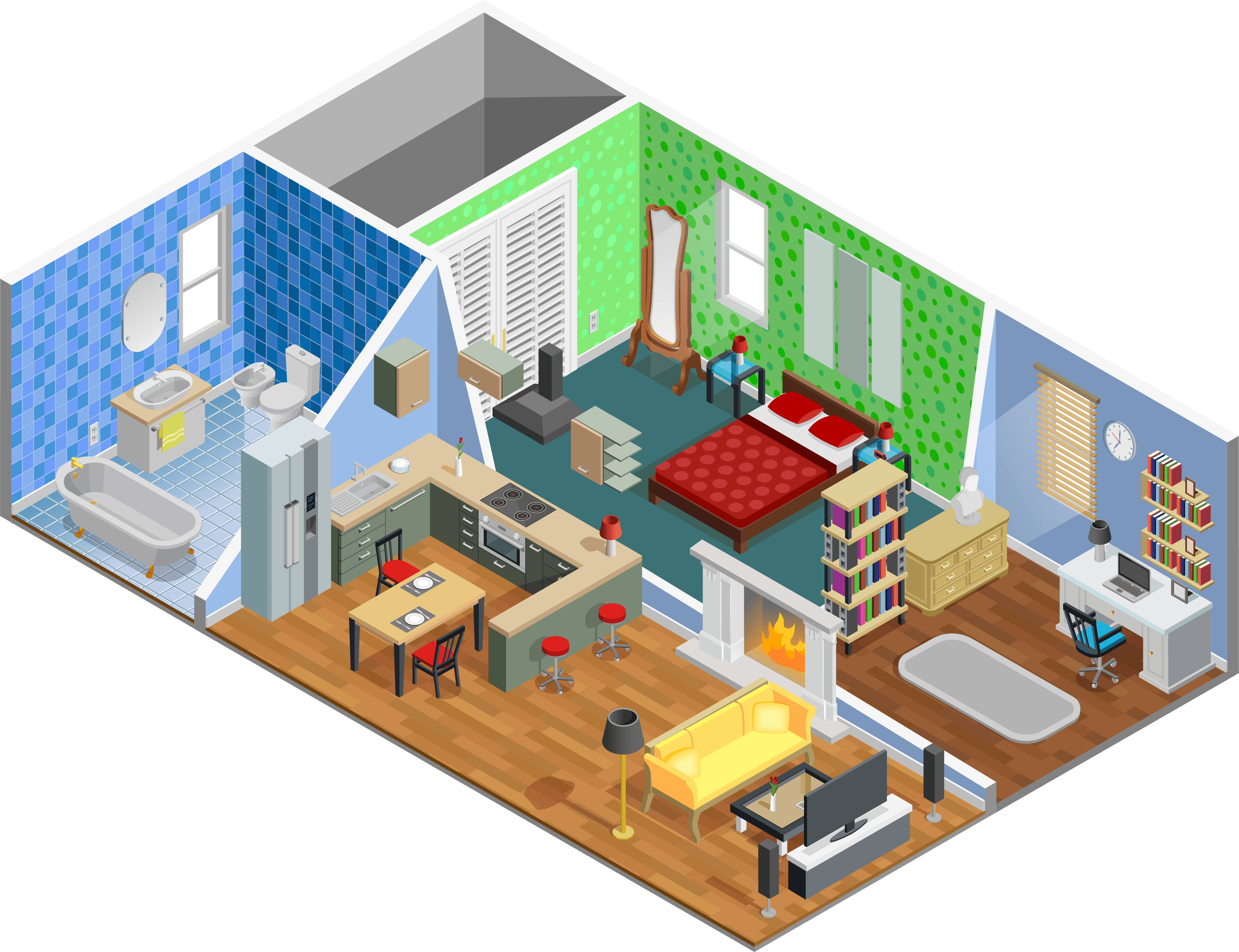 Picture of the inside of a house without walls showing interior design.