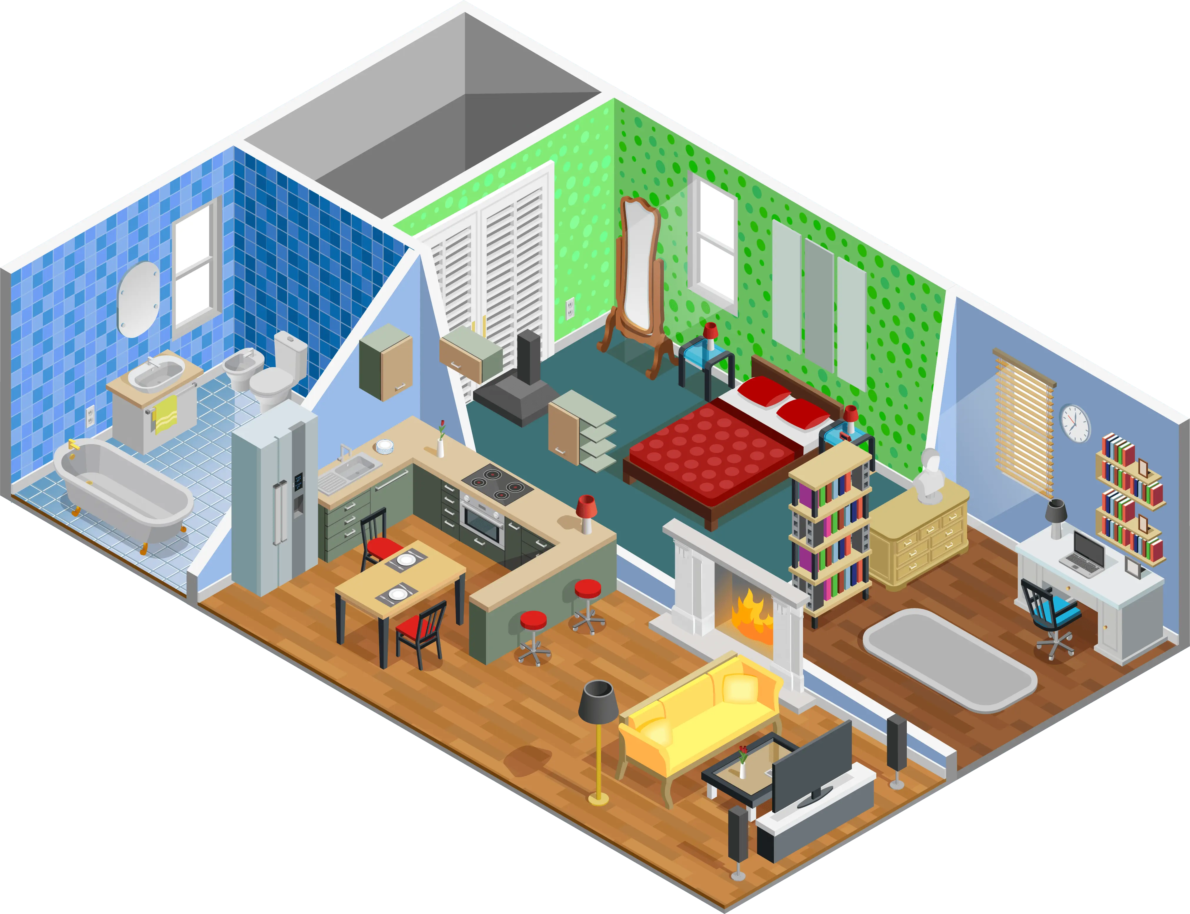 Picture of the inside of a house without walls showing interior design