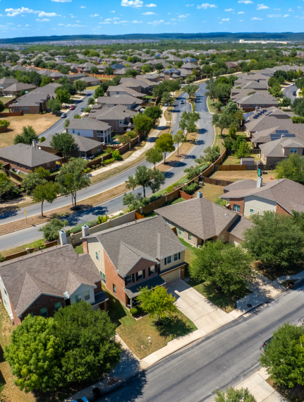 Aerial view of a neighborhood with many houses.